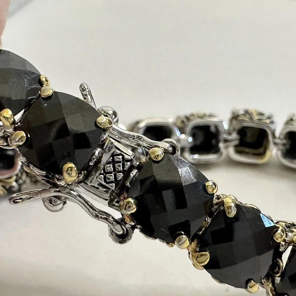 Bracelet Black Faceted Tennis Style Two Toned Safety Clasp IJDI China 925 Marked - Picture 2 of 13